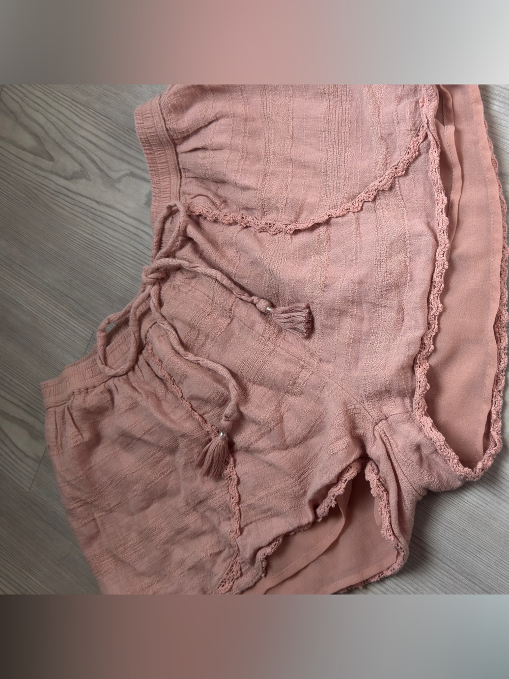aerie Dusty Rose Crochet-Trim Tassel Shorts